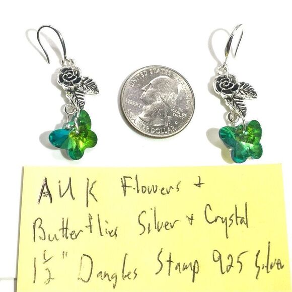 AUK Silver 925 Flower & Crystal Butterfly Dangles - Picture 8 of 10